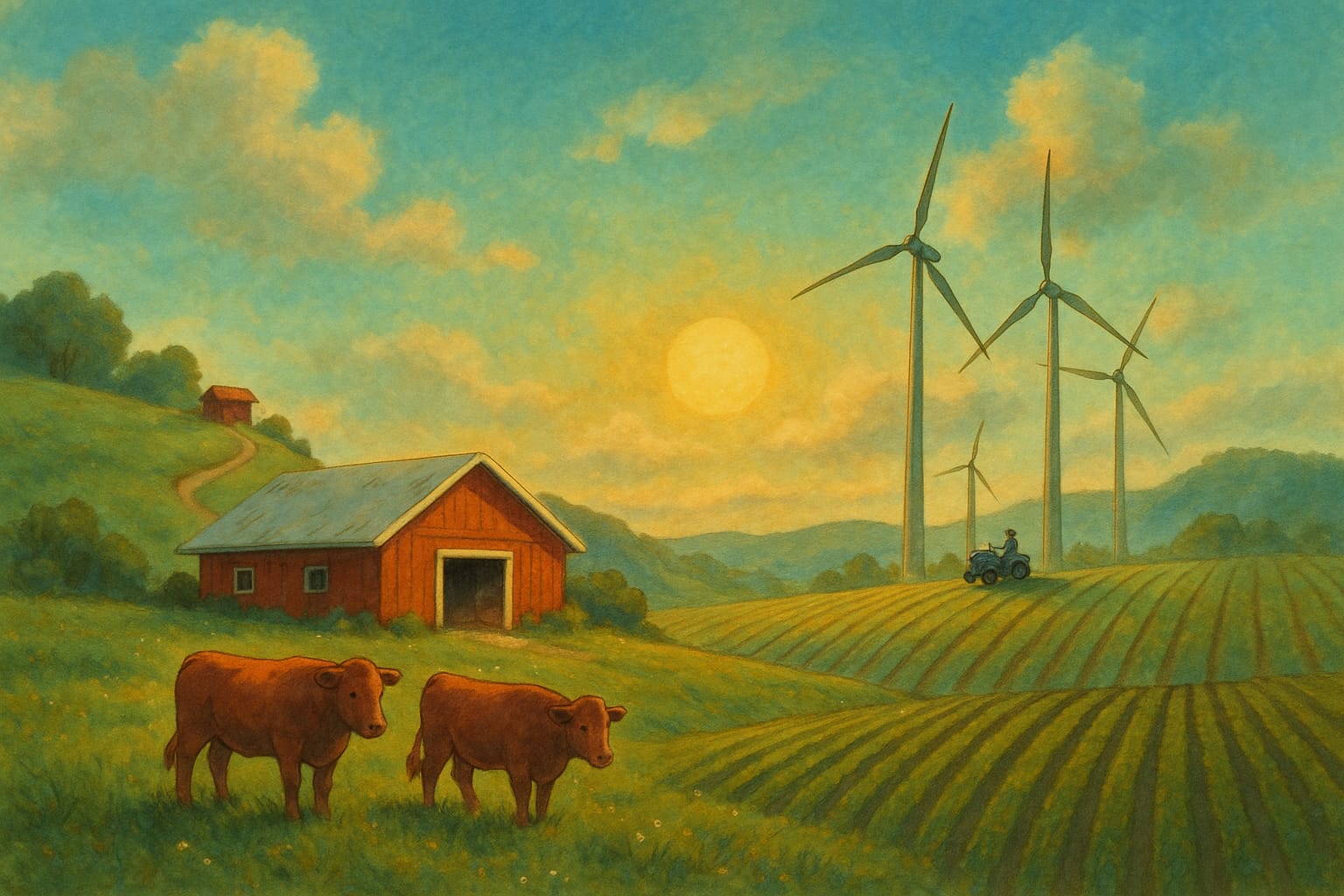 Farm landscape with fields, barn and wind turbines